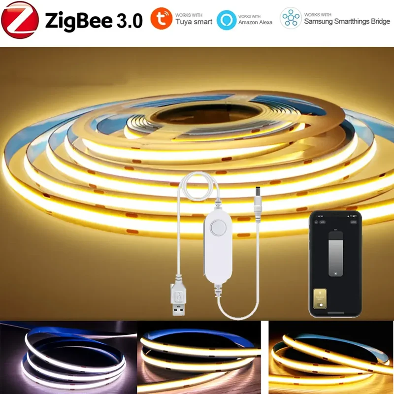 Tuya Zigbee 3.0 COB LED Strip Light - 5V USB, Dimmable 320 LEDs/m, Works with Alexa Google