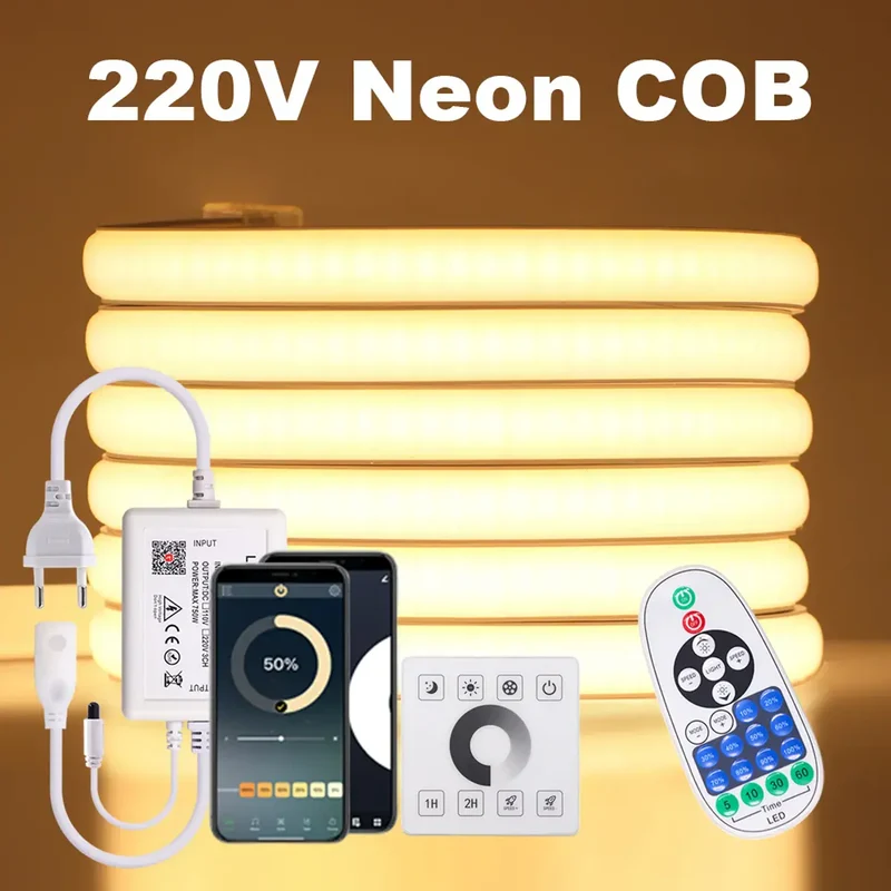 220V COB LED Neon Strip Light - Tuya Smart WiFi Bluetooth Dimmable, IP68, 288 LEDs/m