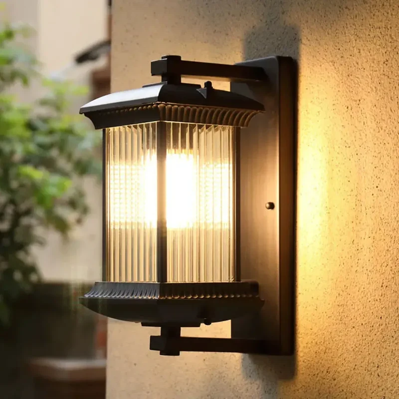 Chinese Style Outdoor Wall Lamp - Metal & Glass, IP55 Waterproof, E27 Bulb, for Villa, Gate, Garden