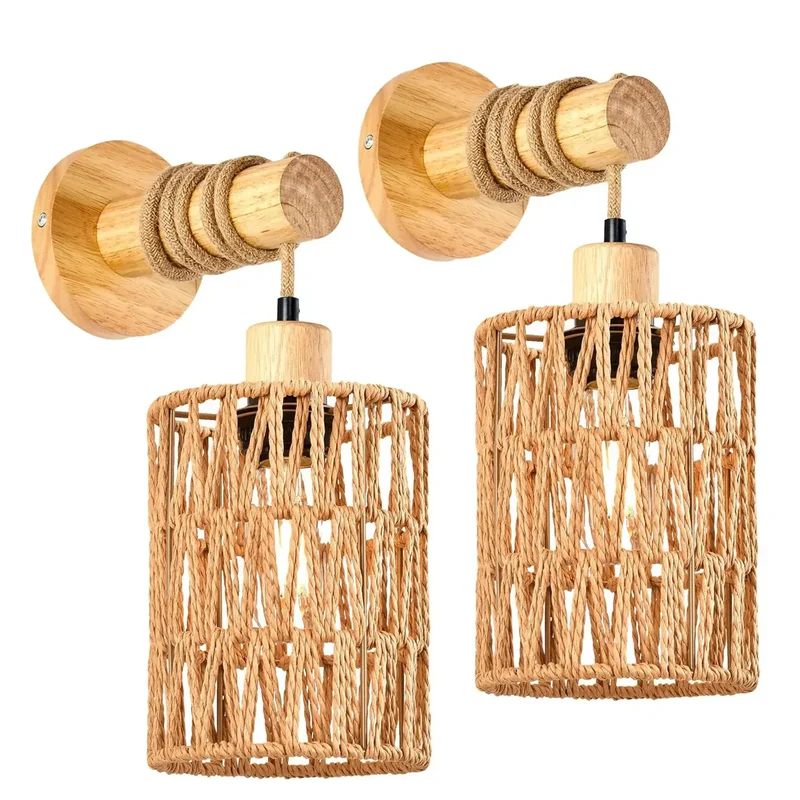 Nature-Inspired Handmade Rattan Wall Lamp - Hemp Rope Design, Farmhouse Countryside Style, E26/E27 Bulb