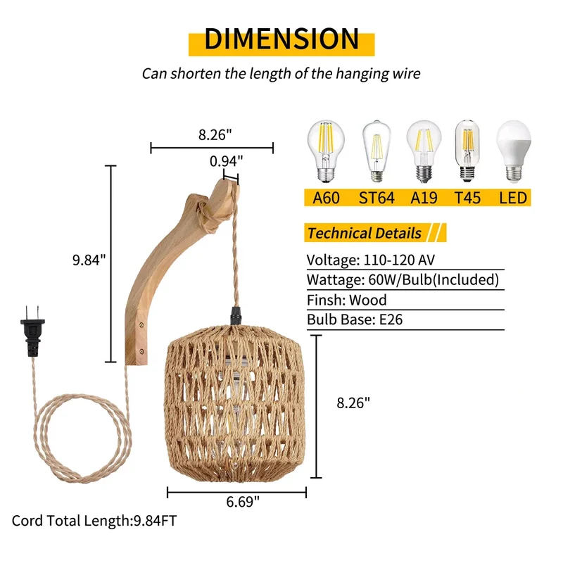 Nature-Inspired Handmade Lantern Wall Lamp - Bamboo or Hemp Rope, E26/E27, Wood Bracket, Adjustable