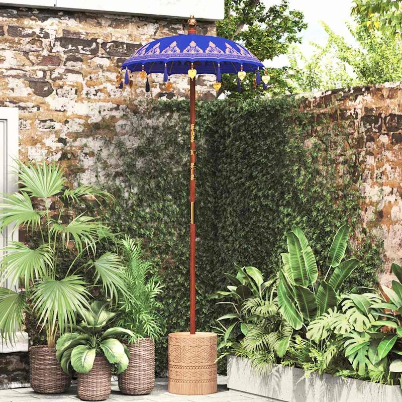 Parasol met Basis Blauw, Bruin 250 cm Katoen, Hout