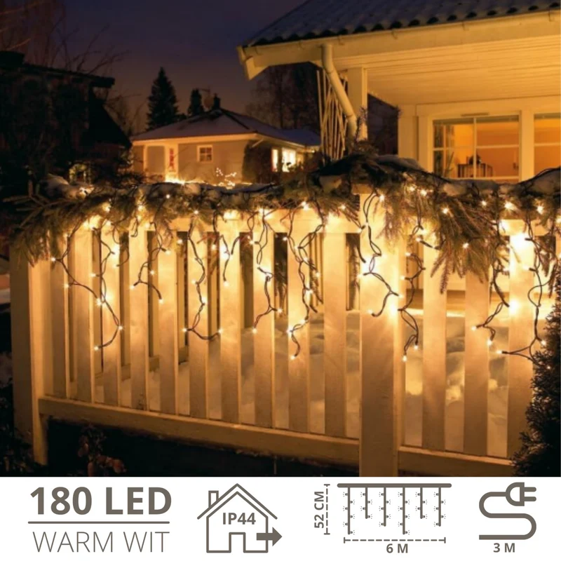 Ijspegelverlichting 6 meter met 180 LED’s – warm wit lichtgordijn voor sfeervolle buitenverlichting
