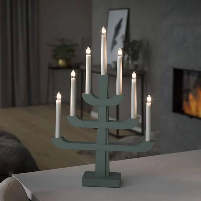 Holzleuchter grün grau lackiert 7 klare Birnen