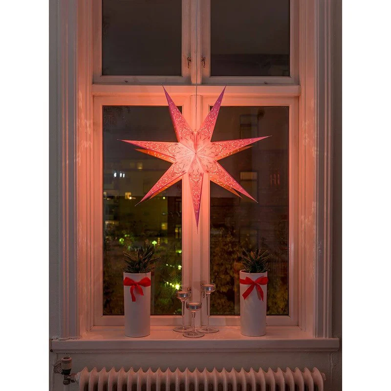 Pinker Papierstern perforiert und pink bestickt 7 Zacken ohne Leuchtmittel