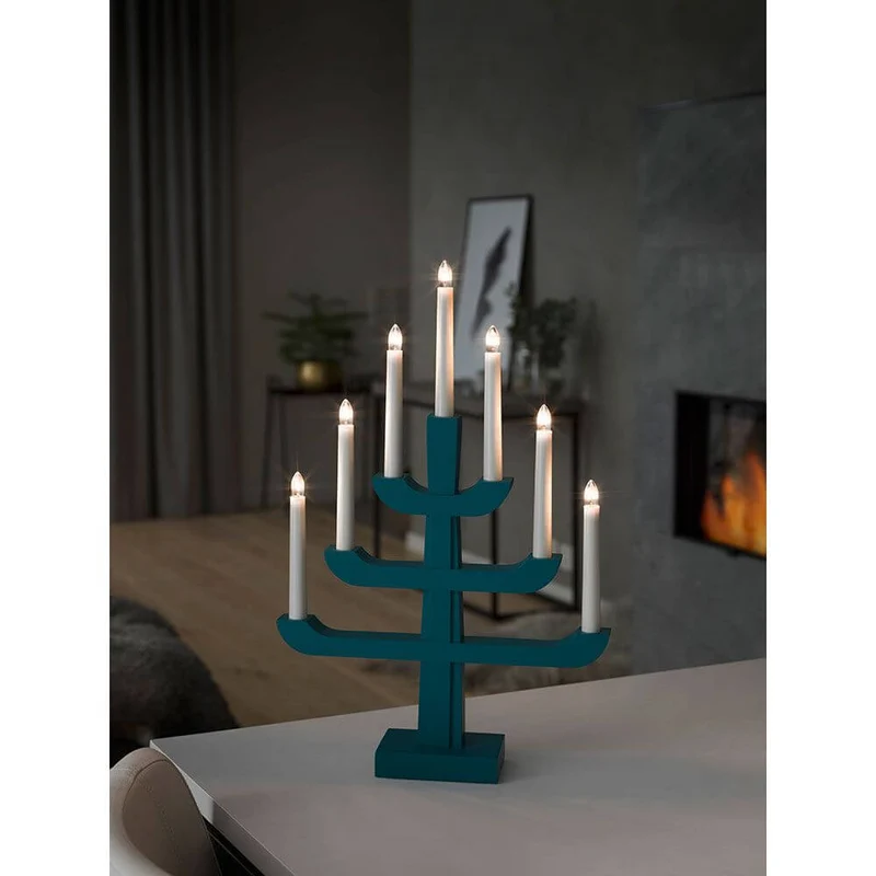 Holzleuchter blau/grau lackiert 7 klare Birnen