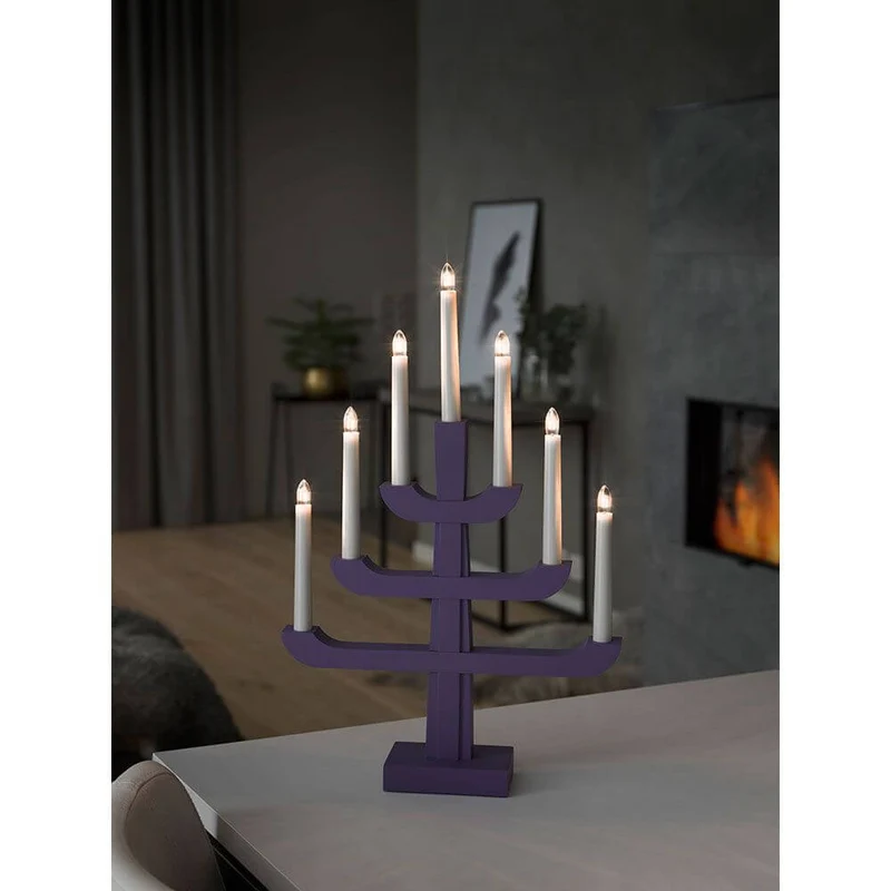 Holzleuchter blau/purpurfarben lackiert 7 klare Birnen