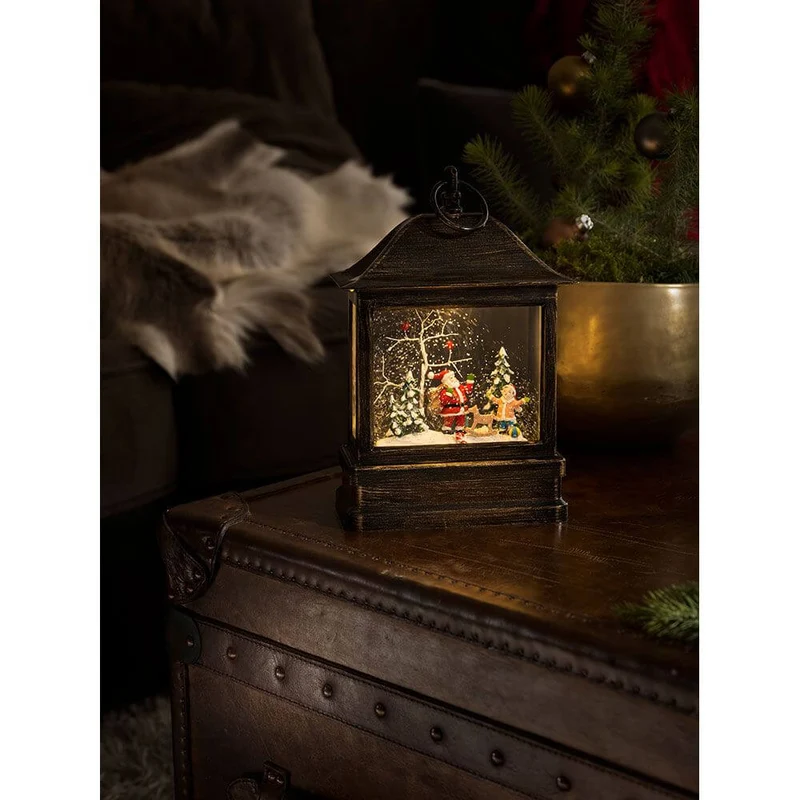 LED Schneelaterne mit Weihnachtsmann und Kind Timer Warmweiß batteriebetrieben für Innen