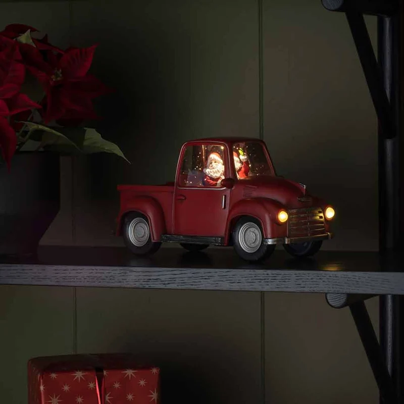 LED Dekoleuchte Pick-up mit Weihnachtsmann batteriebetrieben Rot