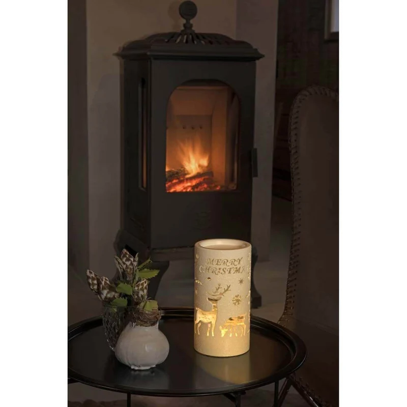 LED Laterne Rentier Weihnachtsmann und Schlitten Zylinderform Timer warmweiß batteriebetrieben