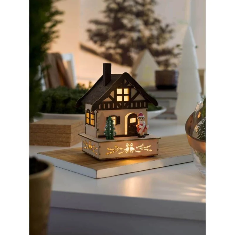 LED Holzsilhouette Fachwerkhaus Weihnachtsbaum und pinker Figur warmweiß batteriebetrieb