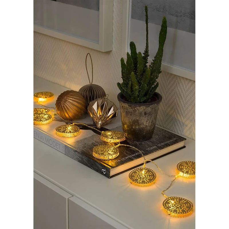 LED Dekolichterkette goldfarbene Metalltaler 10 Warmweiße Dioden batteriebetrieben