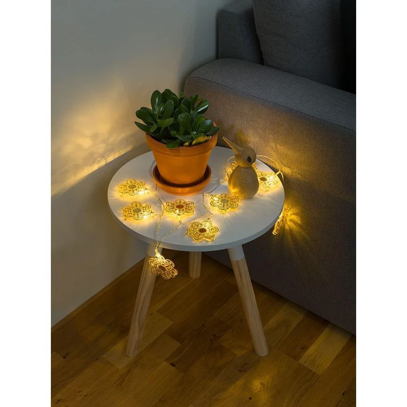 LED Dekolichterkette goldfarbene Metallblumen 10 Warmweiße Dioden batteriebetrieben