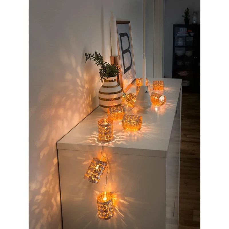 LED Dekolichterkette kupferfarbene Metallzylinder 10 Warmweiße Dioden batteriebetrieben