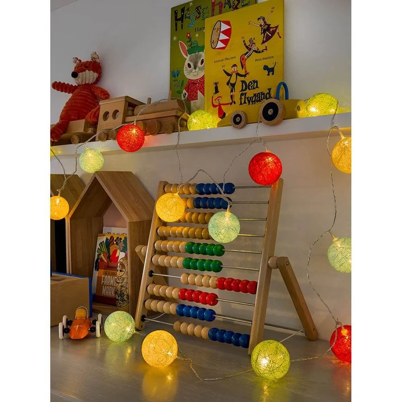 LED Dekolichterkette bunte Baumwollkugeln groß 16 Warmweiße Dioden