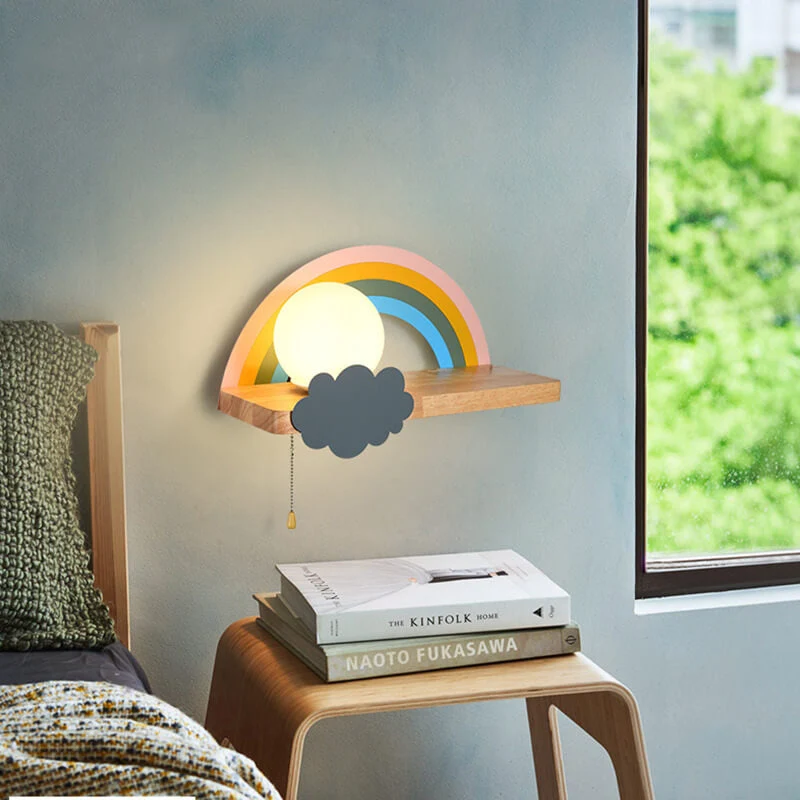 Regenboog Cartoon Wandlamp van Glas met Houten & Metalen Accenten – 4 Kleuren, 3 Lichtstanden