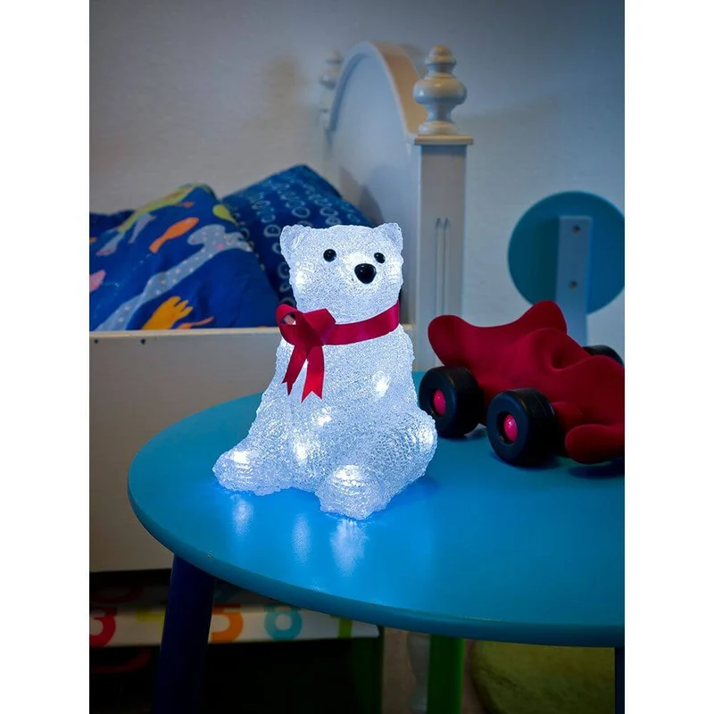 LED Acryl Eisbär mit roter Schleife 16 Kaltweiße Dioden
