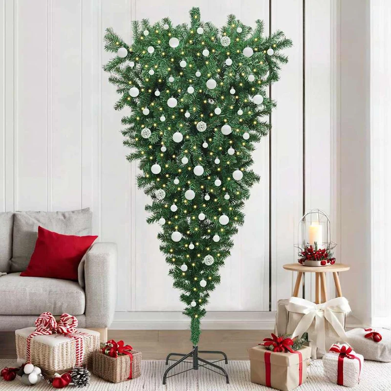 Vidaxl ondersteboven kunstkerstboom met verlichting en ballen set pvc