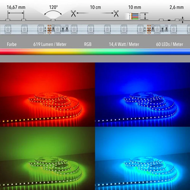 14, 4 W/m RGB IP65 24V 5m LED-Strip IP63