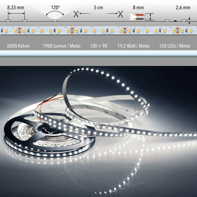 5m LED-Strip 19, 2 W/m Kaltweiß IP63