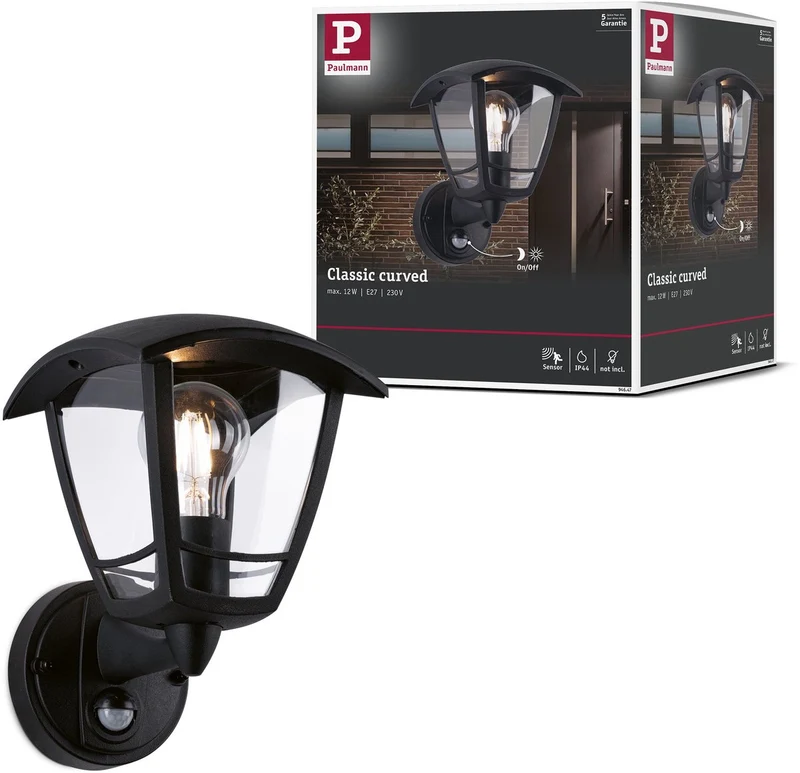 Paulmann wandarmaturen voor buiten classic curved schemergestuurde bewegingsmelder (ir) ip44 hoekig 164x230 mm max. 12w 230v zwart kunststof