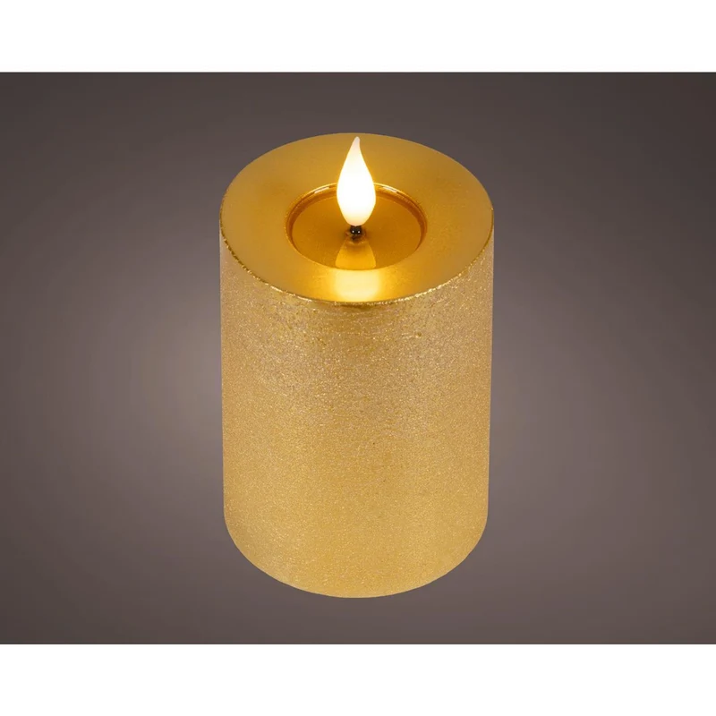 Lumineo realistische led kaars met wax pit en vlam effect ø7.5x13,5cm goud met 6uur timer werkt op batterij