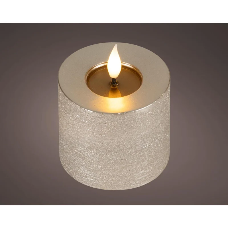 Lumineo realistische led kaars met wax pit en vlam effect ø7.5x9,5cm licht grijs met 6uur timer werkt op batterij