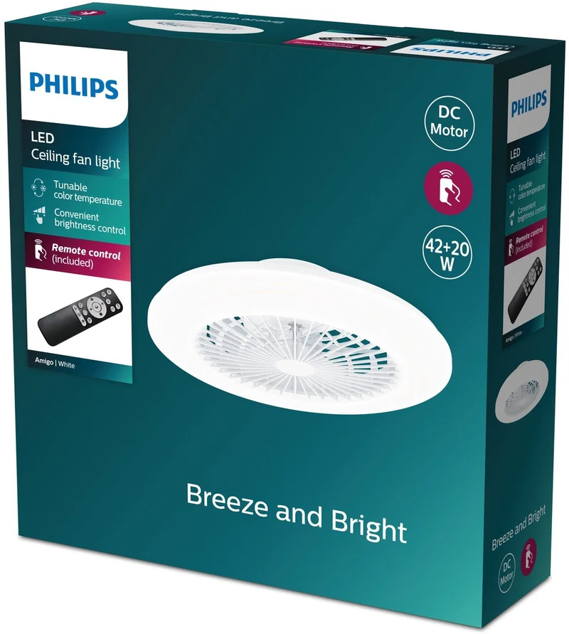 Philips led philips amigo ventilator - energiezuinige led verlichting - plafondlamp - instelbare kleurtemperatuur - 48,5 cm diameter -afstandsbediening - wit met glinstereffect