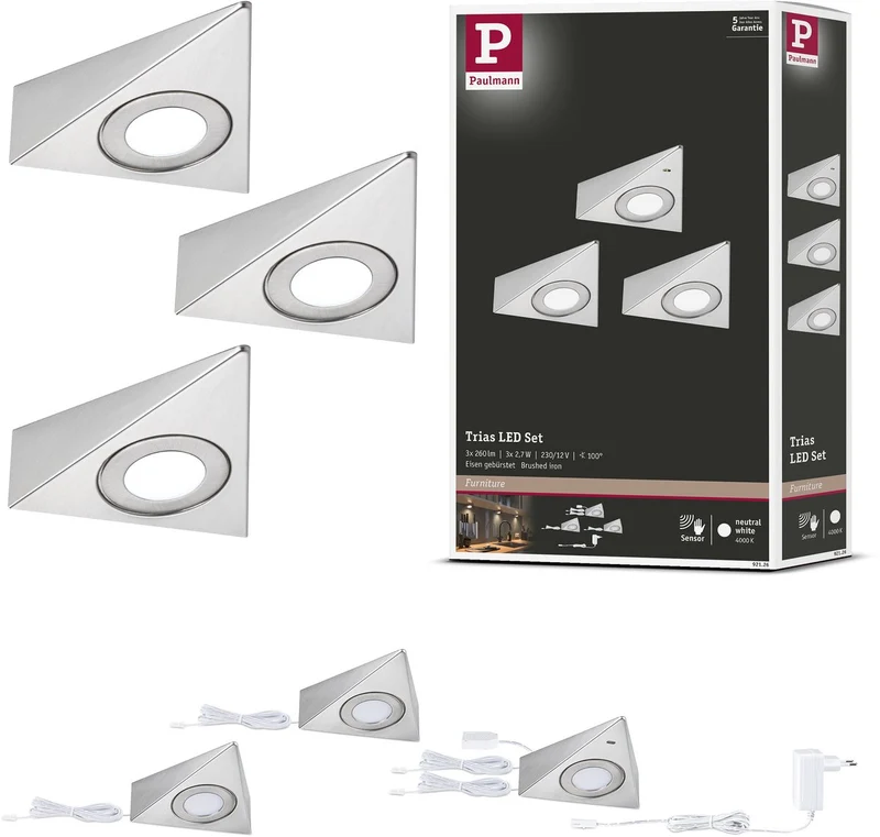 Paulmann led-onderkastverlichting trias naderingsschakelaar set van 3 3x2,7w 135x132 mm 3x185lm 230 12v staal geborsteld