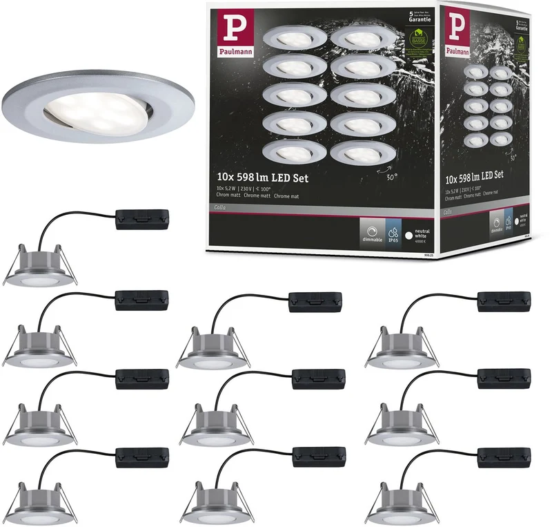 Paulmann led-inbouwlamp calla basisset zwenkbaar ip65 rond 90 mm 30° 10x5,2w 10x460lm 230v dimbaar 4000k chroom mat