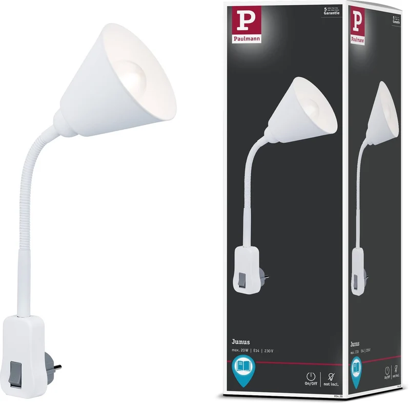Paulmann stekkerlamp junus - flexarm - e14 230v - leeslamp nachtlamp dimbaar - stekkerspot - stopcontactlamp voor lees- en nachtgebruik - wit