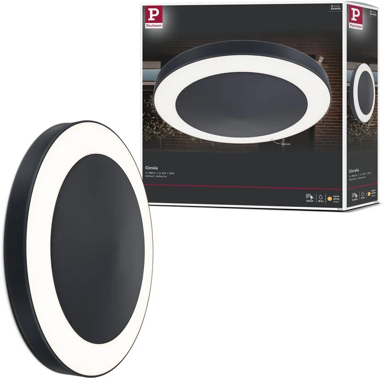 Paulmann led-plafondlamp circula schemersensor schemergestuurde bewegingsmelder (ir) zeewater bestendig ip44 rond 320 mm 3000k 14w 880lm 230v antraciet kunststof